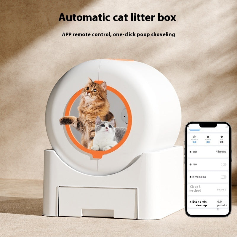 Automatic cat litter box with a smartphone app displayed on a beige background