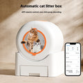 Automatic cat litter box with a smartphone app displayed on a beige background